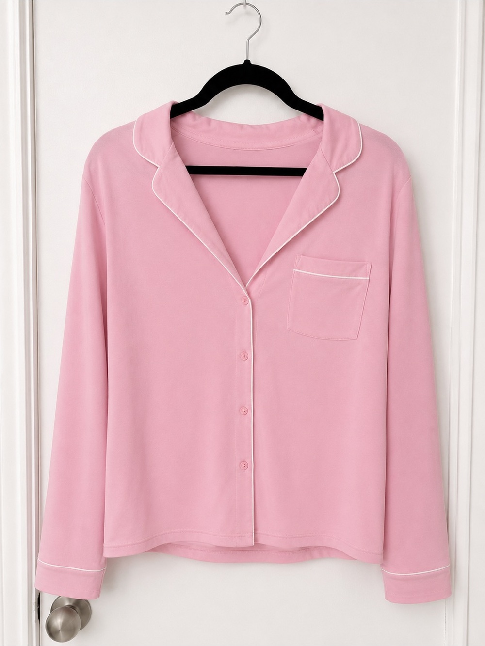 Classic Pink Piped Pajama Top - Women's Long Sleeve Lounge Shirt